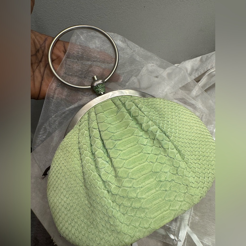 Judith Lieber Green Snakeskin Clutch with Silver Handle